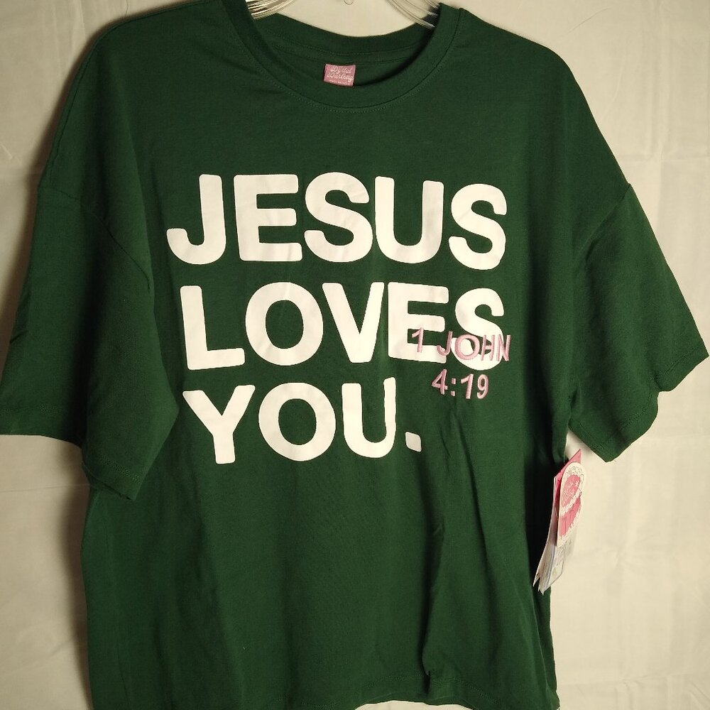 T-shirt with the message "JESUS LOVES YOU," Christian message